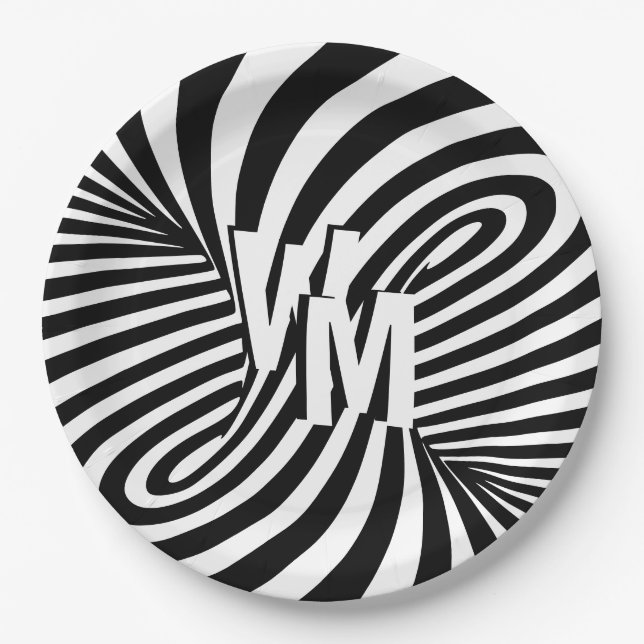 Retro Black White Abstract Zebra Pattern Initials Paper Plates (Front)
