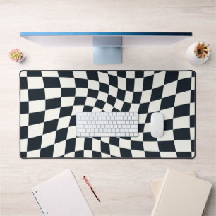 Retro Black White Checked Warped Checkered  Desk Mat