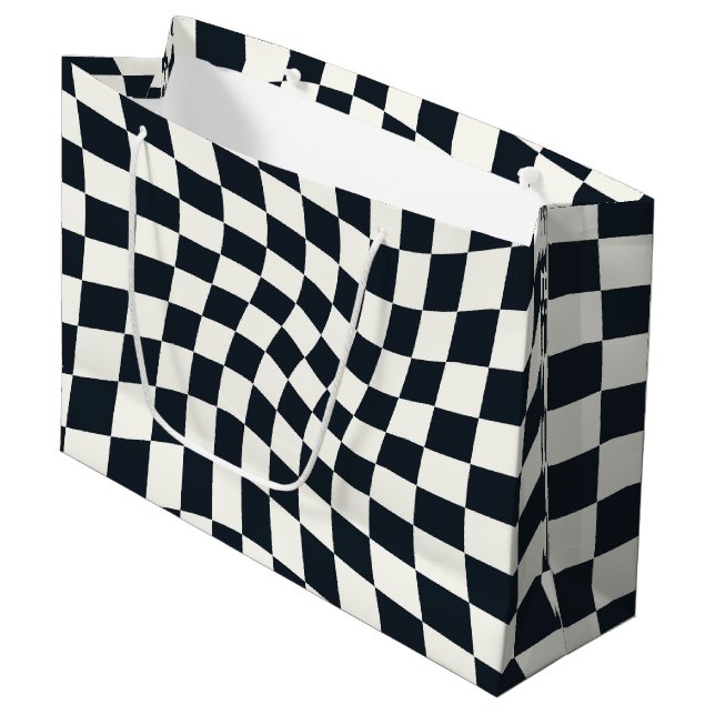 Retro Black White Checked Warped Checkered  Large Gift Bag (Front Angled)