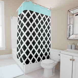 Retro Black & White Checkerboard w Aqua Border Shower Curtain