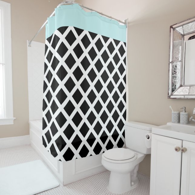 Retro Black & White Checkerboard w Aqua Border Shower Curtain (In Situ)