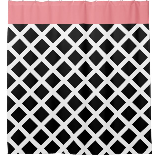 Retro Black & White Checkerboard w Pink Border Shower Curtain (Front)