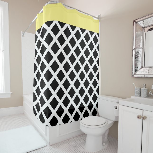 Retro Black & White Checkerboard w Yellow Border Shower Curtain (In Situ)