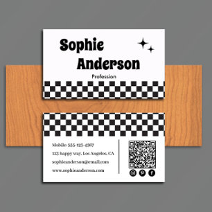 Retro Black & White Checkerboard with QR Code Business Card