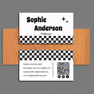 Retro Black & White Checkerboard with QR Code Business Card