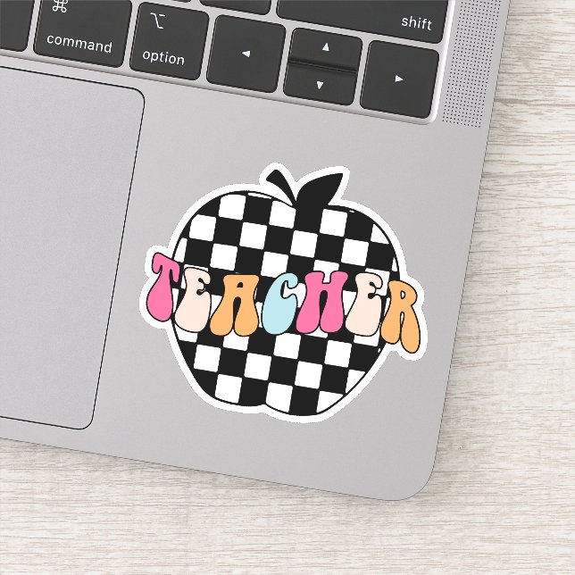 Retro Black & White Checkered Apple Teacher Vinyl Sticker (Detail)