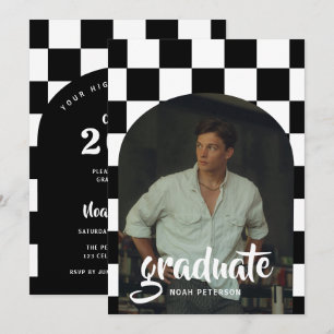 Retro Black & White Checkered Boy Photo Graduation Invitation