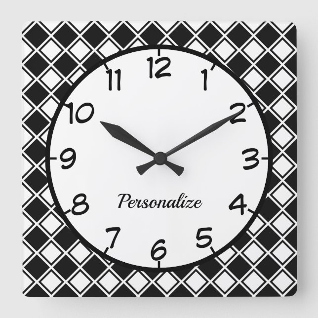 Retro Black White Checkered Diamond Pattern Square Wall Clock (Front)