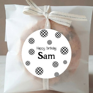 Retro Black & White Checkered Happy Birthday Name Classic Round Sticker