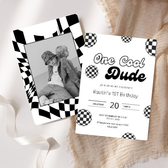 Retro Black & White Checkered Pattern 1st Birthday Invitation (Creator Uploaded)
