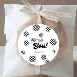 Retro Black & White Checkered Thankyou Birthday Classic Round Sticker