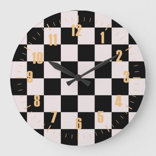 Retro Black White Checks Checkerboard Pattern   Large Clock