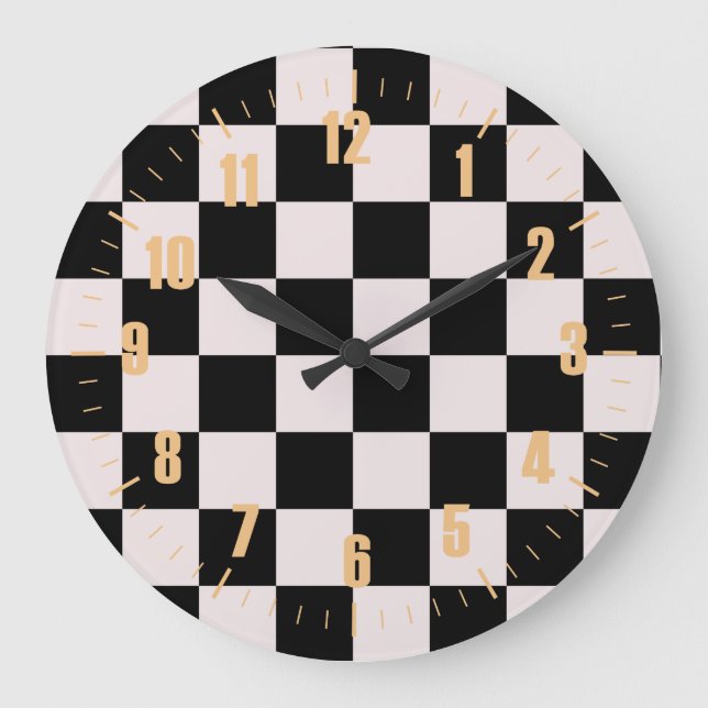 Retro Black White Checks Checkerboard Pattern   Large Clock (Front)