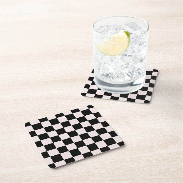 Retro Black White Checks Checkerboard Pattern  Square Paper Coaster (Insitu)