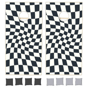 Retro Black White Checks Warped Checkered  Cornhole Set