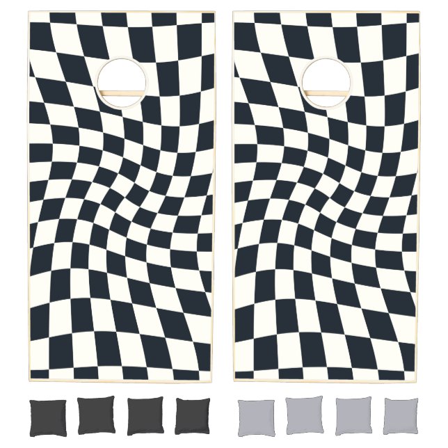 Retro Black White Checks Warped Checkered  Cornhole Set (Set)