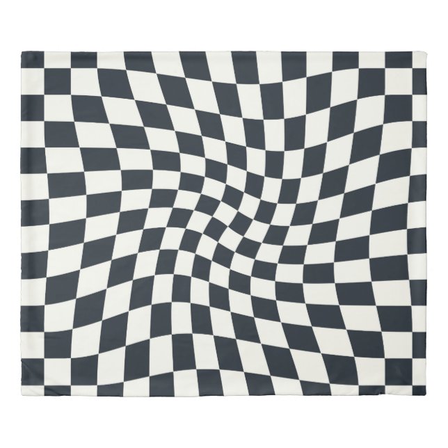 Retro Black White Checks Warped Checkered Dorm Duvet Cover (Front)