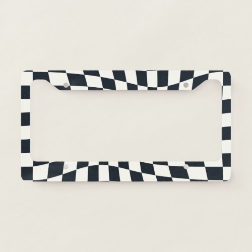 Retro Black White Checks Warped Checkered  License Plate Frame