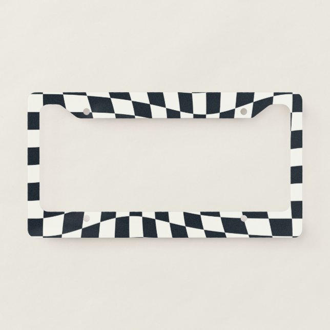 Retro Black White Checks Warped Checkered  License Plate Frame (Front)