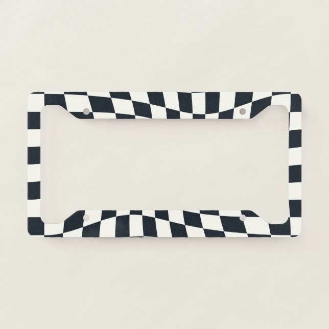 Retro Black White Checks Warped Checkered  License Plate Frame (Front)