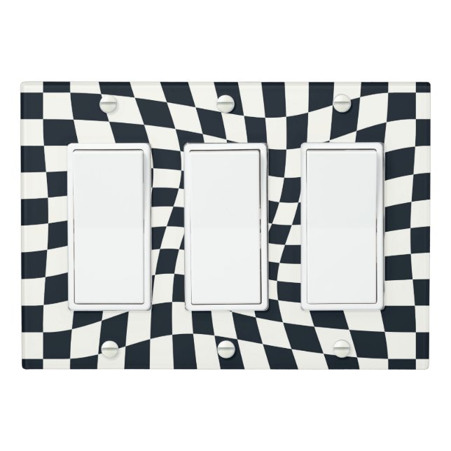 Retro Black White Checks Warped Checkered  Light Switch Cover (In Situ)