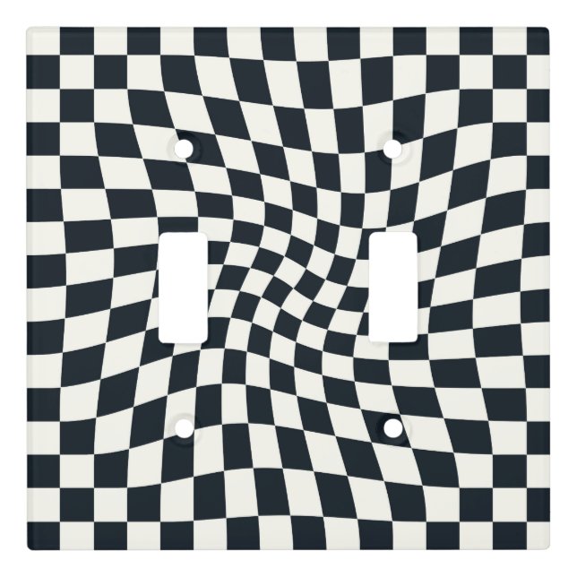 Retro Black White Checks Warped Checkered  Light Switch Cover (Front)
