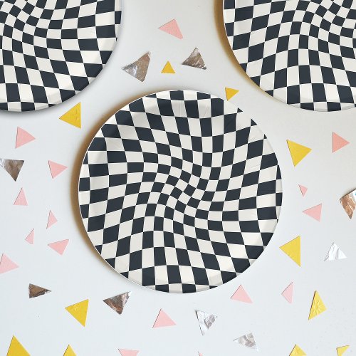 Retro Black White Checks Warped Checkered Paper Plates