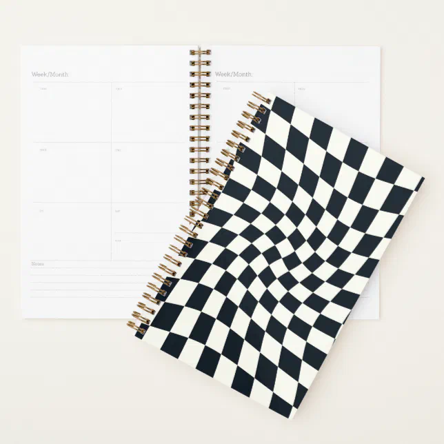 Retro Black White Checks Warped Checkered Planner | Zazzle