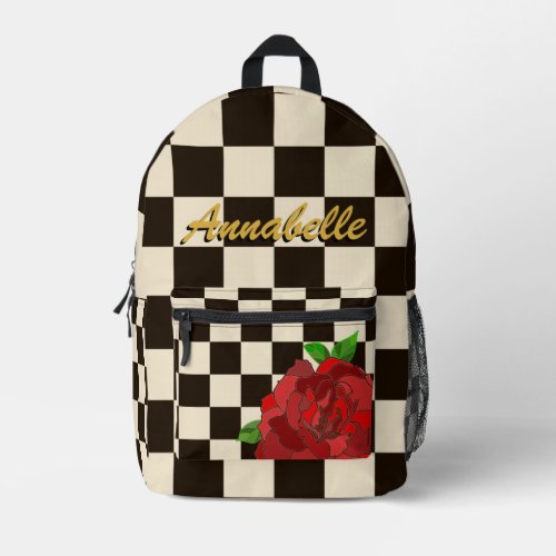 Retro Black  White Chessboard Check Red Rose Printed Backpack