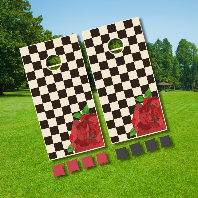 Retro Black & White Chessboard with Red Rose Cornhole Set (Creator Uploaded)