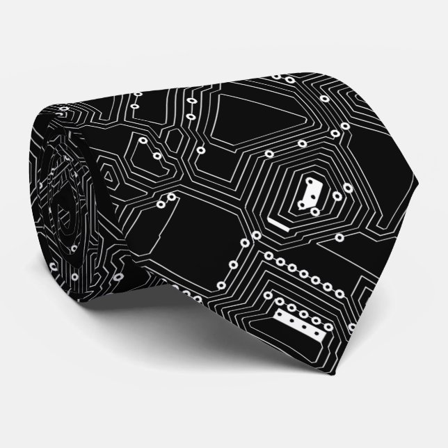 Retro Black White Classic Computer Circuit Board Neck Tie (Rolled)