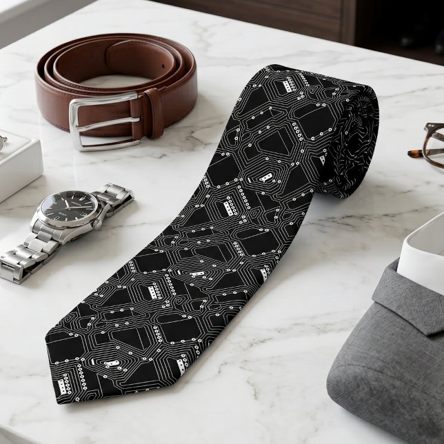 Retro Black White Classic Computer Circuit Board Neck Tie (Creator Uploaded)