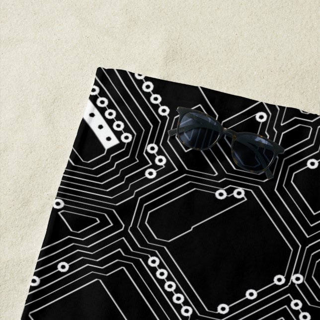 Retro Black White Cool Computer Circuit Board Beach Towel (In Situ)