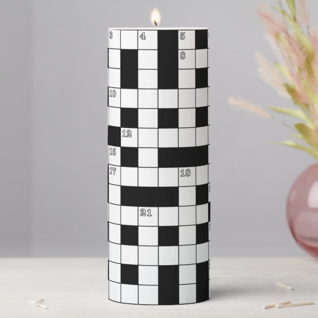 Retro Black White Crossword Puzzle Pattern Pillar Candle (In Situ)