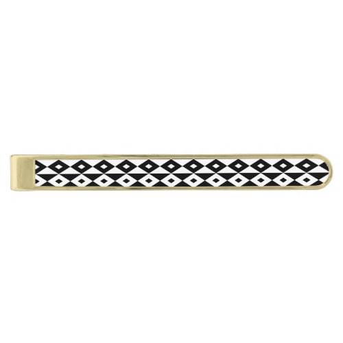 Retro Black White Diamond Shaped Modern Pattern Gold Finish Tie Bar