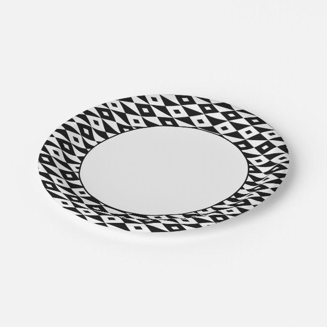 Retro Black White Diamond Shaped Modern Pattern Paper Plates (Angled)