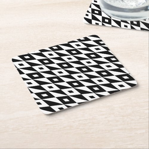 Retro Black White Diamond Shaped Modern Pattern Square Paper Coaster