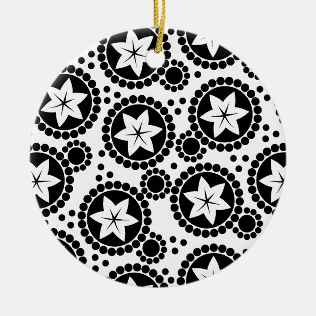 Retro Black White Flower Dot Geometric Pattern Ceramic Ornament (Front)
