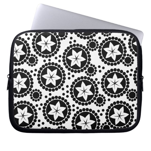 Retro Black White Flower Dot Geometric Pattern Laptop Sleeve (Front)