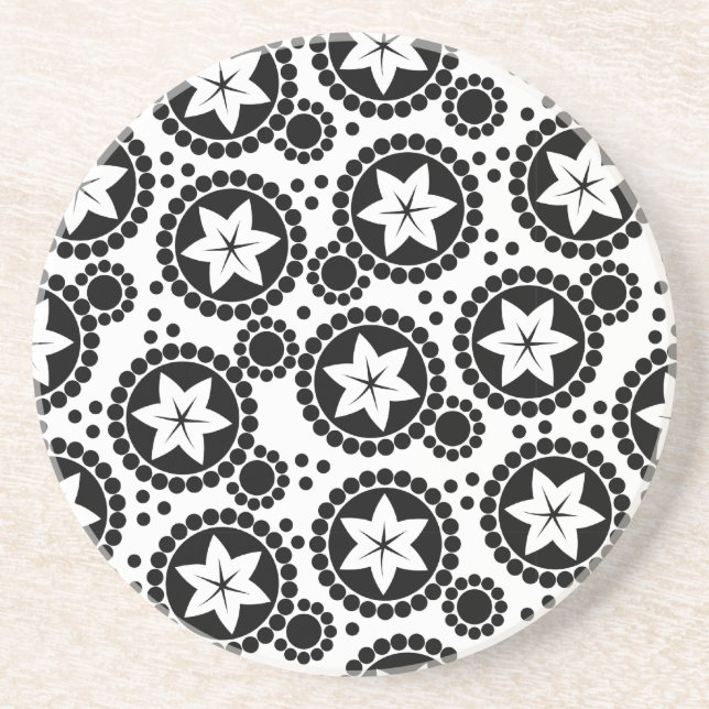 Retro Black White Flower Dot Geometric Pattern Sandstone Coaster (Front)