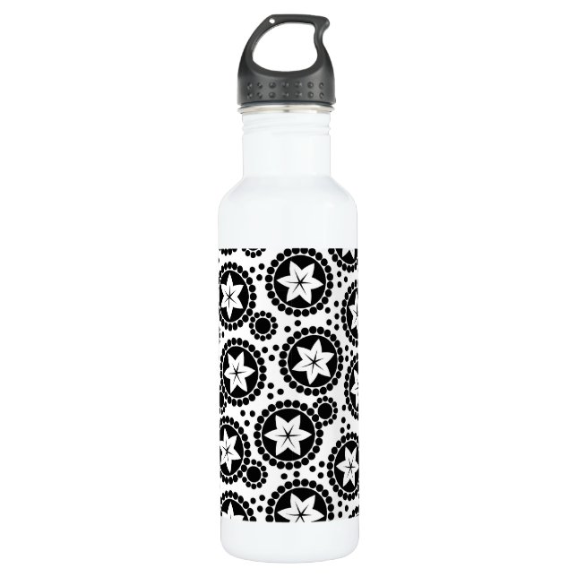 Retro Black White Flower Dot Geometric Pattern Stainless Steel Water Bottle (Front)
