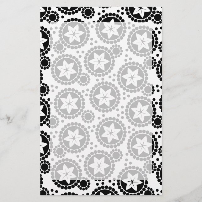Retro Black White Flower Dot Geometric Pattern Stationery (Front)