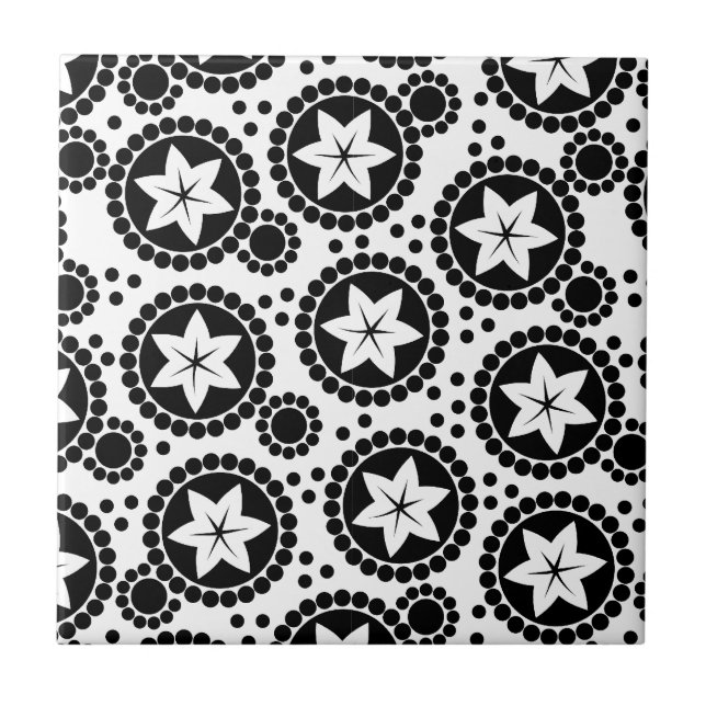 Retro Black White Flower Dot Geometric Pattern Tile (Front)