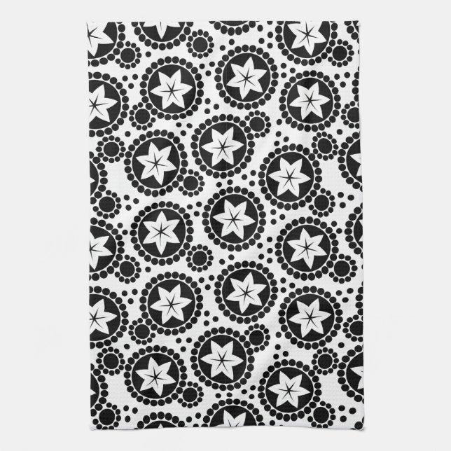 Retro Black White Flower Dot Geometric Pattern Towel (Vertical)