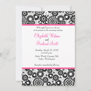 Retro Black White Folk Flowers Wedding Invitation
