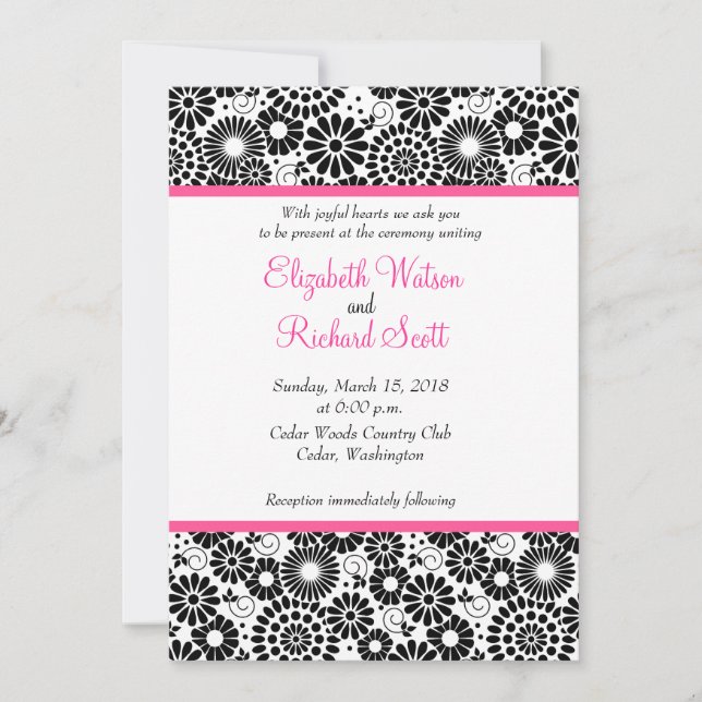 Retro Black White Folk Flowers Wedding Invitation (Front)