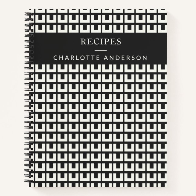 Retro Black White Geometric Mid Century Mod Recipe Notebook (Front)