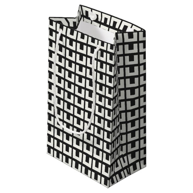 Retro Black White Geometric Mid Century Modern Small Gift Bag (Front Angled)
