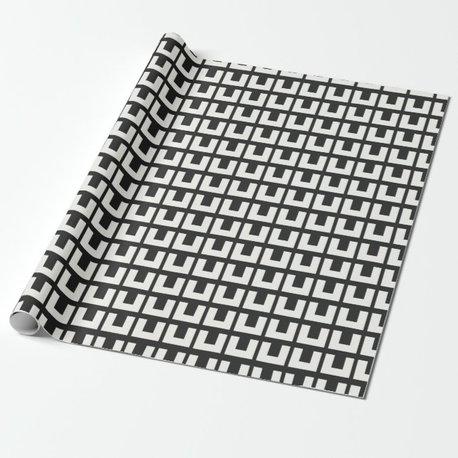 Retro Black White Geometric Mid Century Modern Wrapping Paper (Unrolled)