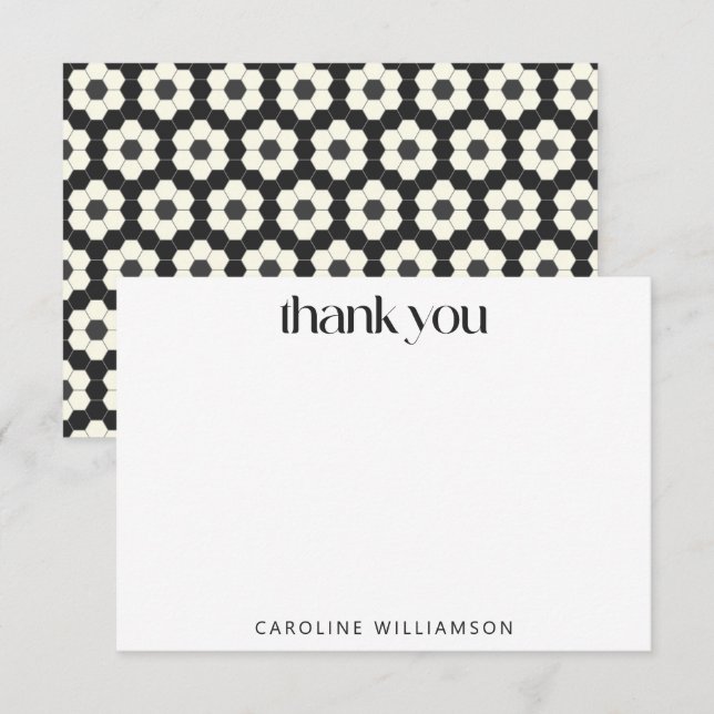 Retro Black White Geometric Tile Custom Name Thank You Card (Front/Back)